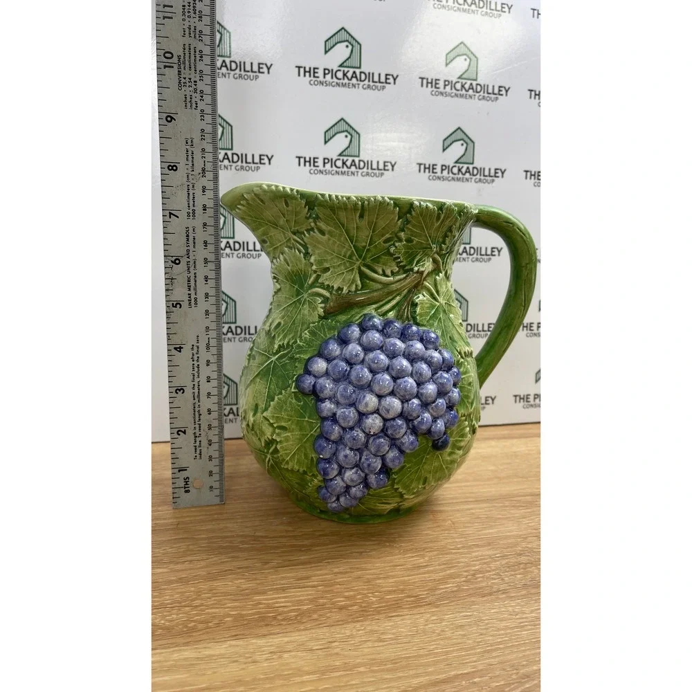 Bassano Italy Ceramic Grape Pitcher Green Purple Embossed Majolica Jug 1804 - Picture 7 of 11